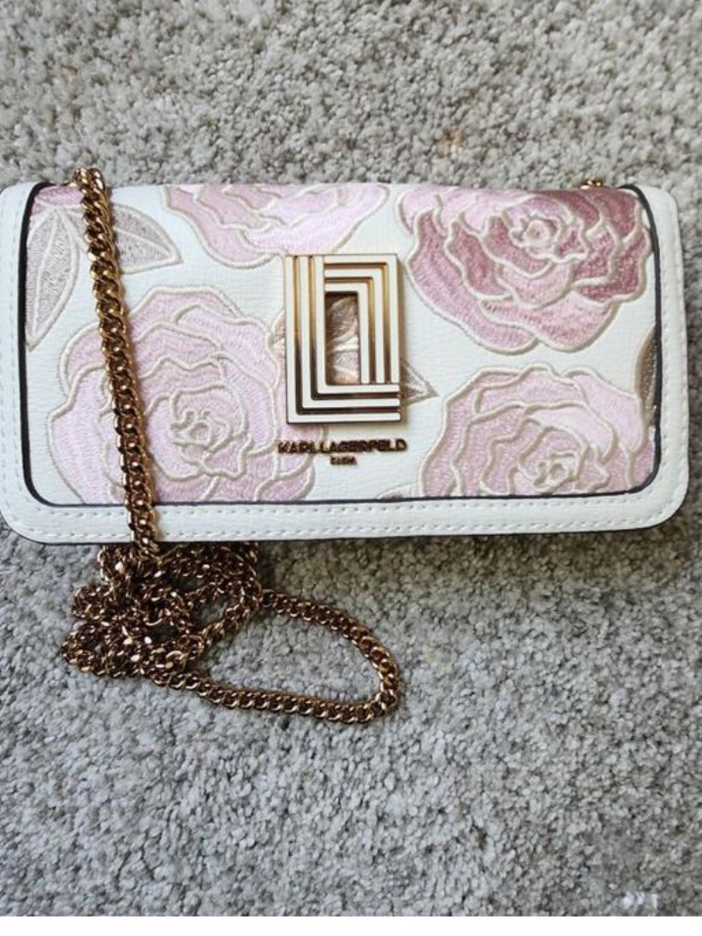 Karl Lagerfeld Cream Crossbody with Pink Rose Embroidery and Gold Chain